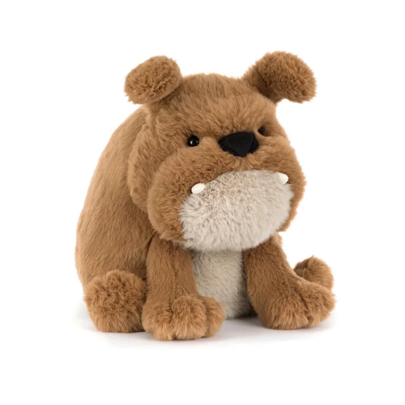 Front view of the Jellycat Derreck Dog, showing its soft brown fur, stitched frown, and cream snout.
