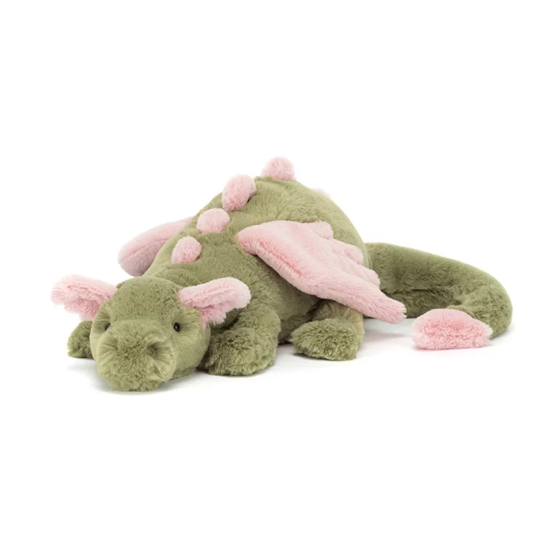 Front view of the Jellycat Malachy Dragon with sage green fur and pink wings, ears, and spines.