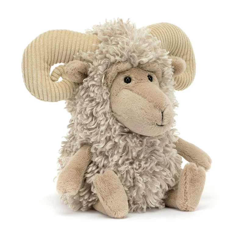 Front view of the Jellycat Ramsley Sheep, showcasing its tousled beige fur, expressive face, and large curly cord horns.