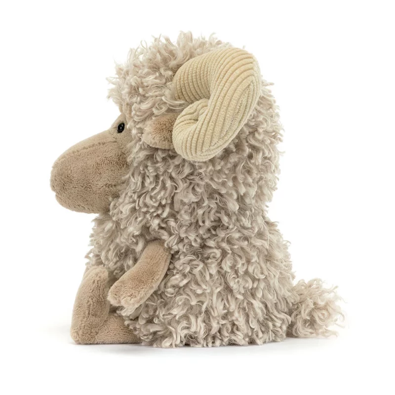 Side view of the Jellycat Ramsley Sheep, highlighting its soft beige limbs, cloven hooves, and textured fur.