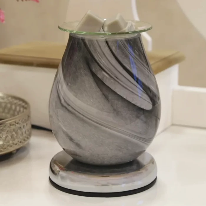 Grey Swirl Oval Aroma Electric Wax Melt Burner displayed on a white surface, highlighting its elegant grey swirl glass design with a modern, unlit appearance, perfect for contemporary décor.