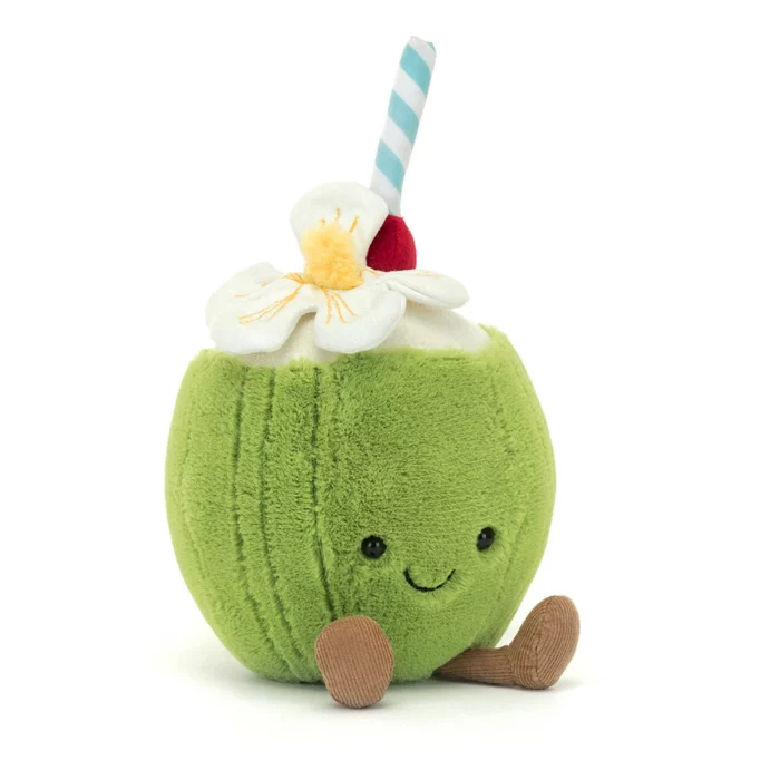 Front view of the Jellycat Amuseable Aruba Coconut showing its green fuzzy shell, straw, flower and smiling face.