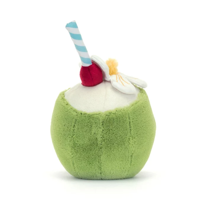 Rear view of the Jellycat Amuseable Aruba Coconut focusing on its round green shell and top details.