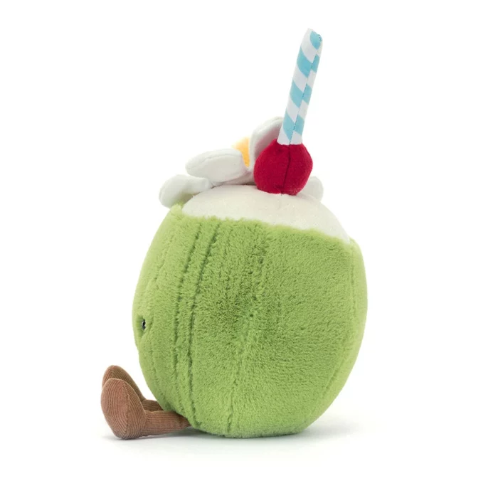 Side view of the Jellycat Amuseable Aruba Coconut highlighting the striped straw and tropical flower on top.
