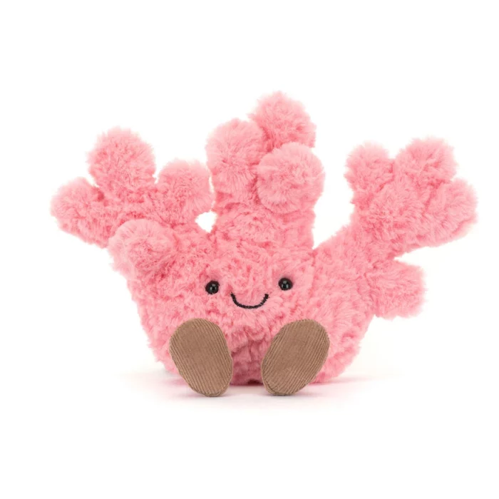 Alternative front view of the Jellycat Amuseable Coral with a full display of its cheerful smile and plush texture.