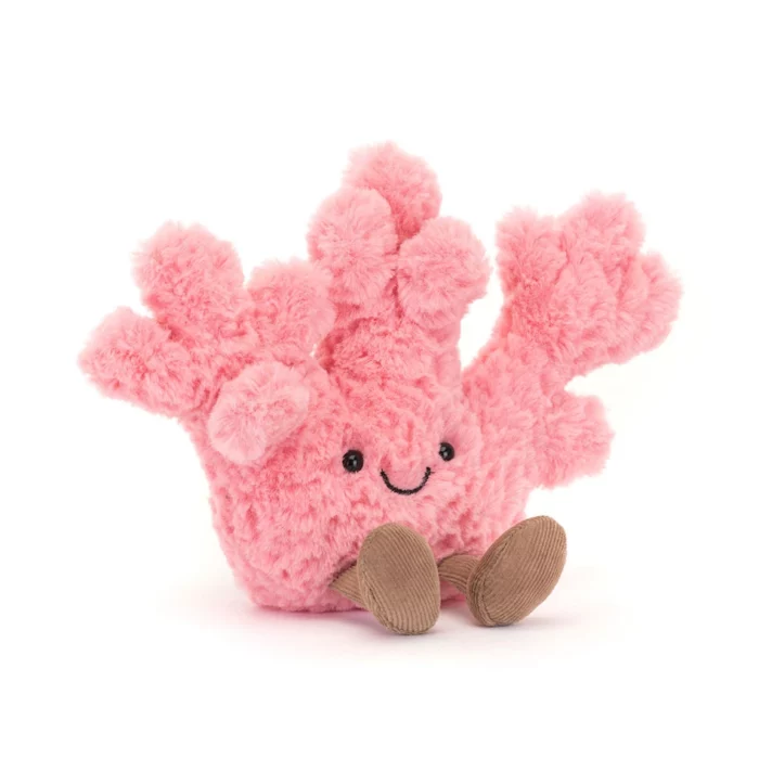Front view of the Jellycat Amuseable Coral showing its bright pink fluffy branches and friendly face.