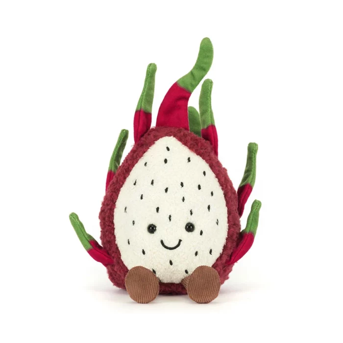 Alternative front view of the Jellycat Amuseable Dragon Fruit displaying her cheerful smile and unique tropical appearance.