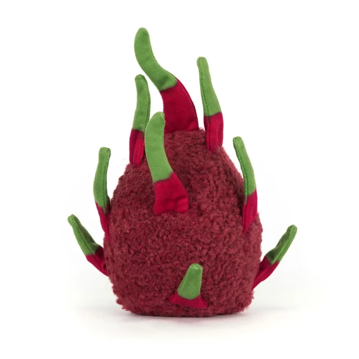 Rear view of the Jellycat Amuseable Dragon Fruit showing off her bold fuchsia back with soft green fronds.