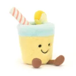 Front view of the Jellycat Amuseable Lemonade with a smiley face, striped straw, and lemon slice.