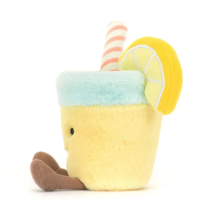 Side view of the Jellycat Amuseable Lemonade showing the straw, lemon slice, and dangling legs.