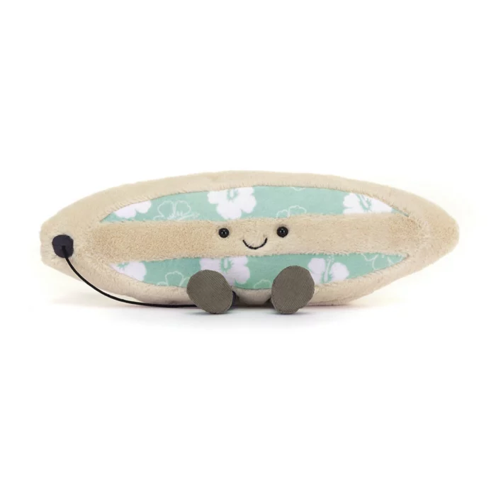 Alternative front view of the Jellycat Amuseable Sports Surfboard displaying its friendly expression and pastel hibiscus pattern.