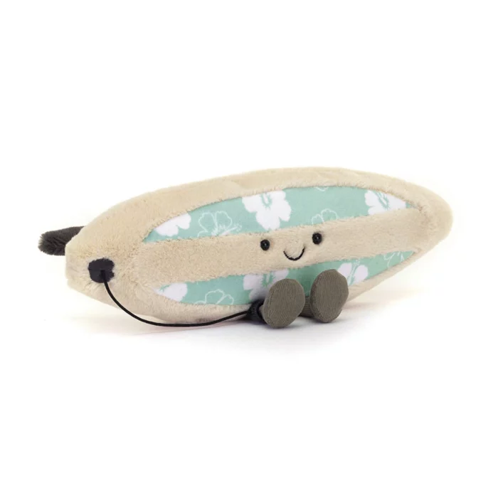 Front view of the Jellycat Amuseable Sports Surfboard showing its smiley face, soft floral panel, and surfboard shape.