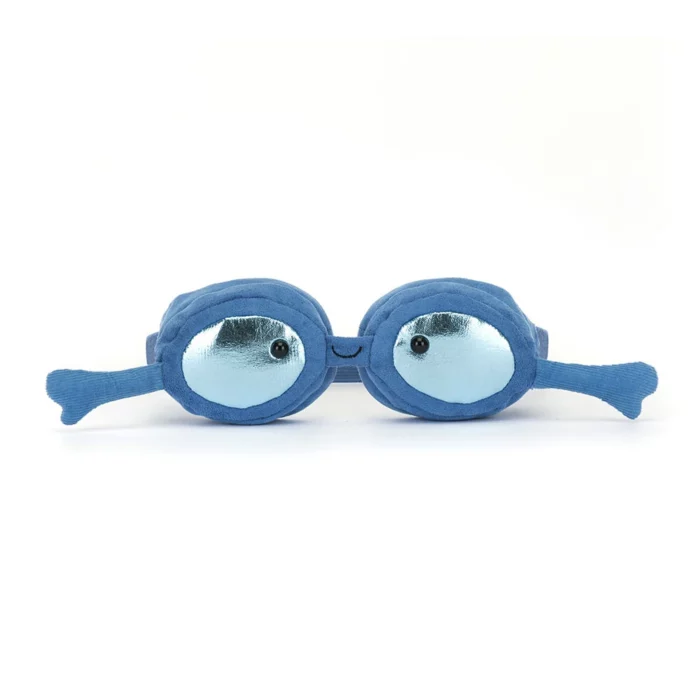 Alternative front view of the Jellycat Amuseable Sports Swimming Goggles showcasing symmetrical lenses, stitched smile, and fin-style arms.