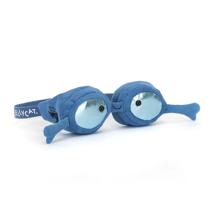 Front view of the Jellycat Amuseable Sports Swimming Goggles featuring shiny silver lenses, a cheerful smile, and swimmer-style straps.
