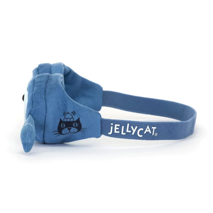 Side view of the Jellycat Amuseable Sports Swimming Goggles showing the Jellycat logo and plush blue strap.