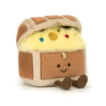 Front view of the Jellycat Amuseable Treasure Chest with a soft chest design, golden fluffy treasure, and cheerful embroidered face.