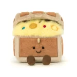 Alternative front view of the Jellycat Amuseable Treasure Chest displaying colourful treasure details and its friendly smile.