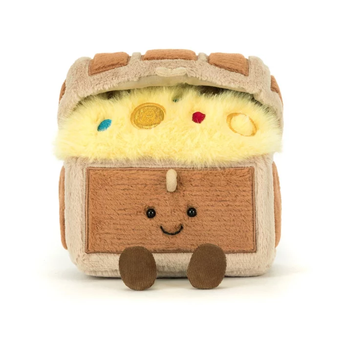 Alternative front view of the Jellycat Amuseable Treasure Chest displaying colourful treasure details and its friendly smile.