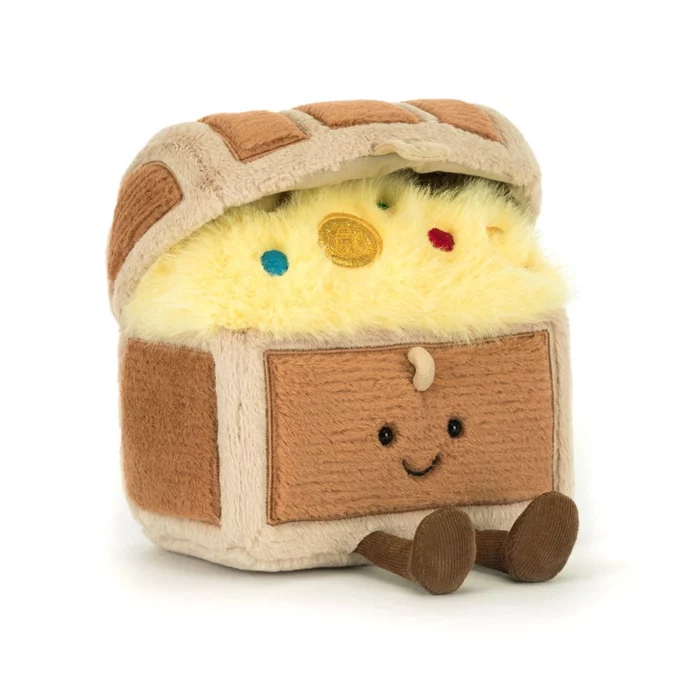 Front view of the Jellycat Amuseable Treasure Chest with a soft chest design, golden fluffy treasure, and cheerful embroidered face.