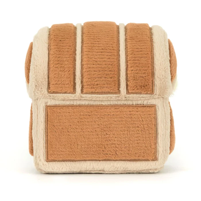 Rear view of the Jellycat Amuseable Treasure Chest highlighting the stitched wooden panel texture and plush shape.
