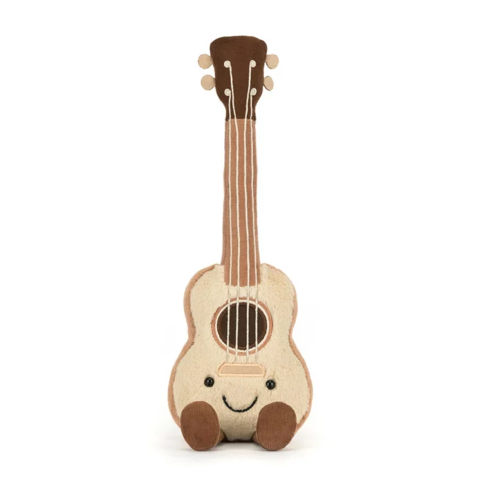 Alternative front view of the Jellycat Amuseable Ukulele standing upright with detailed string embroidery and happy expression.