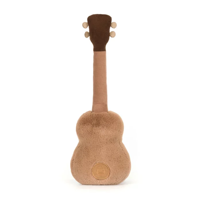 Rear view of the Jellycat Amuseable Ukulele highlighting the smooth plush finish and brand patch.