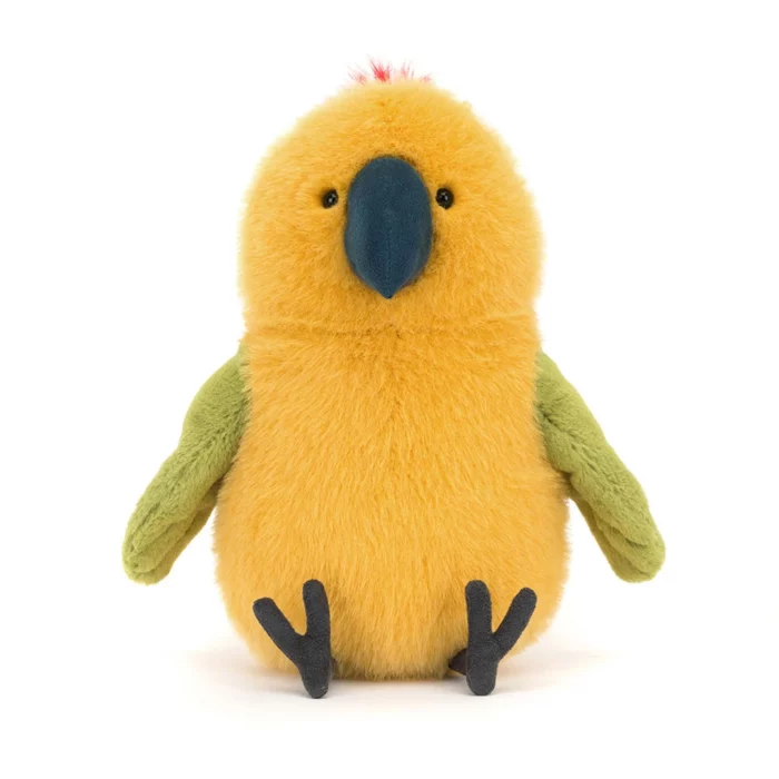 Alternative front view of the Jellycat Budgeby Parrot displaying its cheerful expression, bright colours, and playful pose.