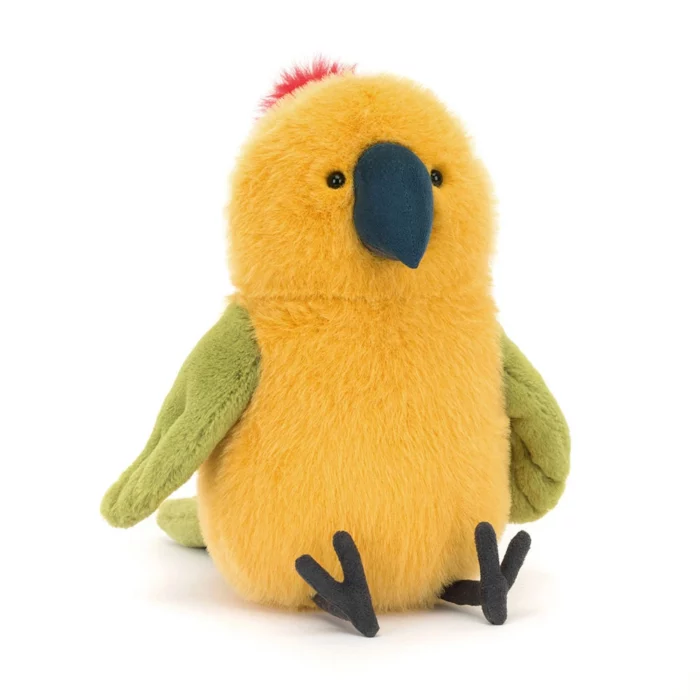 Front view of the Jellycat Budgeby Parrot showing its vibrant yellow body, green wings, and bold blue beak.
