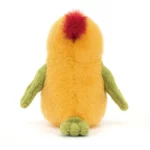 Rear view of the Jellycat Budgeby Parrot highlighting its rounded yellow body, green wings, and red crest.