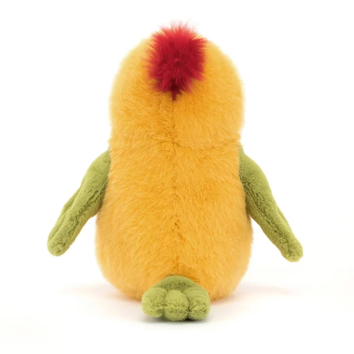 Rear view of the Jellycat Budgeby Parrot highlighting its rounded yellow body, green wings, and red crest.