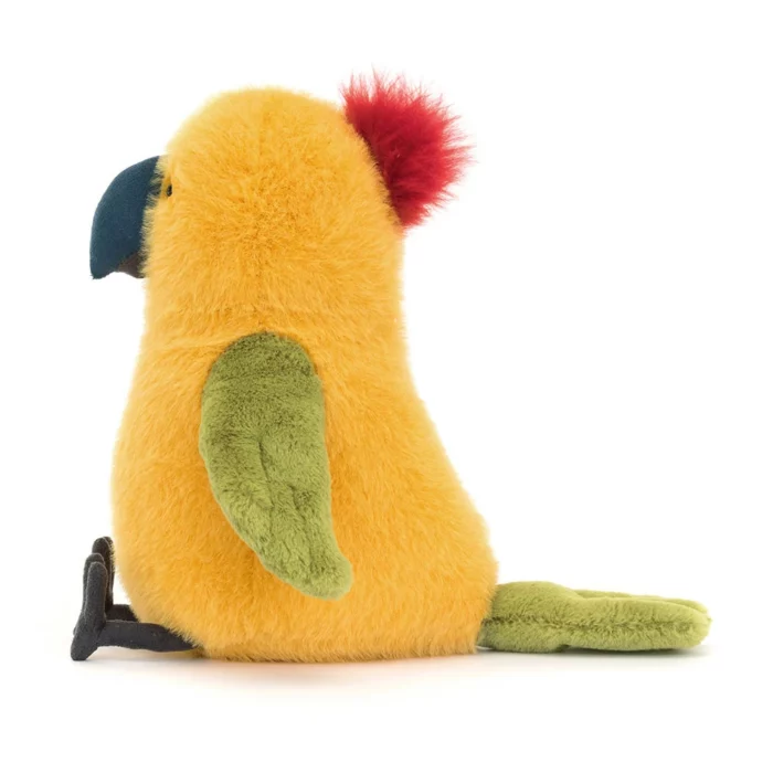 Side view of the Jellycat Budgeby Parrot showcasing its fluffy red crest and long green tail.