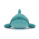 Alternative front view of Jellycat Gobfrey Whale Shark, with its rounded snout and stitched expression.