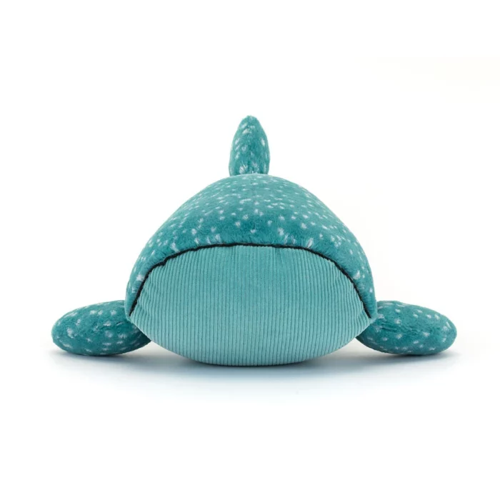 Alternative front view of Jellycat Gobfrey Whale Shark, with its rounded snout and stitched expression.