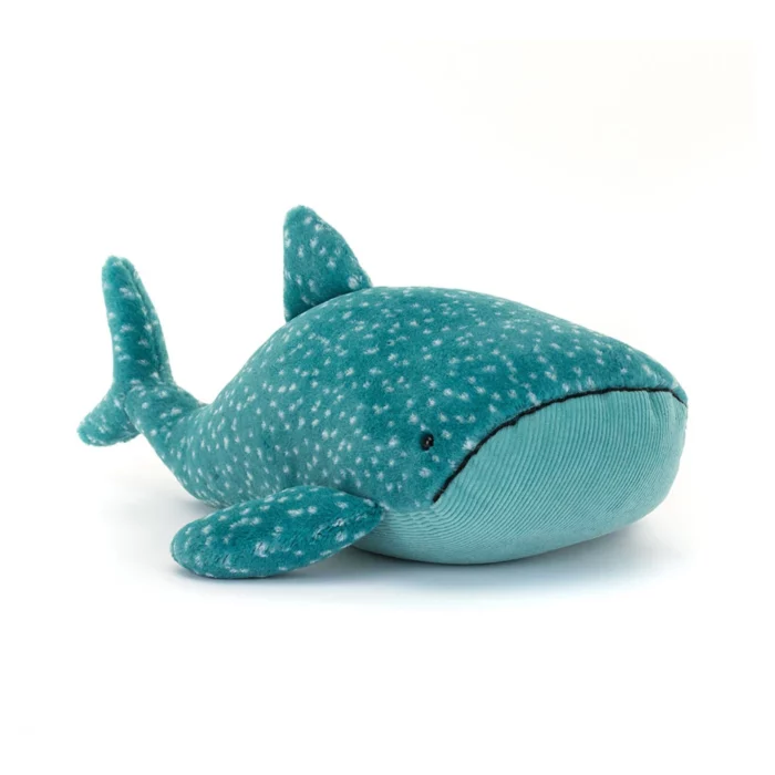 Front view of Jellycat Gobfrey Whale Shark, showing its soft teal body with white spots and cordy blue belly.