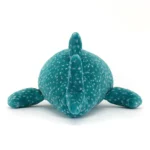 Rear view of Jellycat Gobfrey Whale Shark, showing its tail fin and dotted teal back.