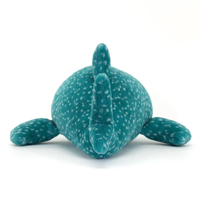 Rear view of Jellycat Gobfrey Whale Shark, showing its tail fin and dotted teal back.