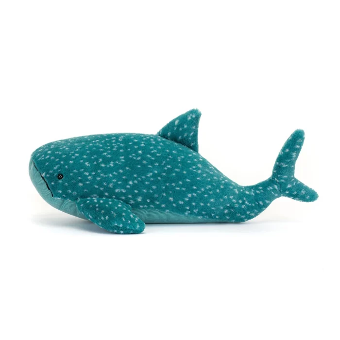 Side view of Jellycat Gobfrey Whale Shark, highlighting its fin details and long tail.