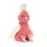Front view of the Jellycat Squawkatoo showing her vibrant pink feathers, cream wings, and tropical crest.