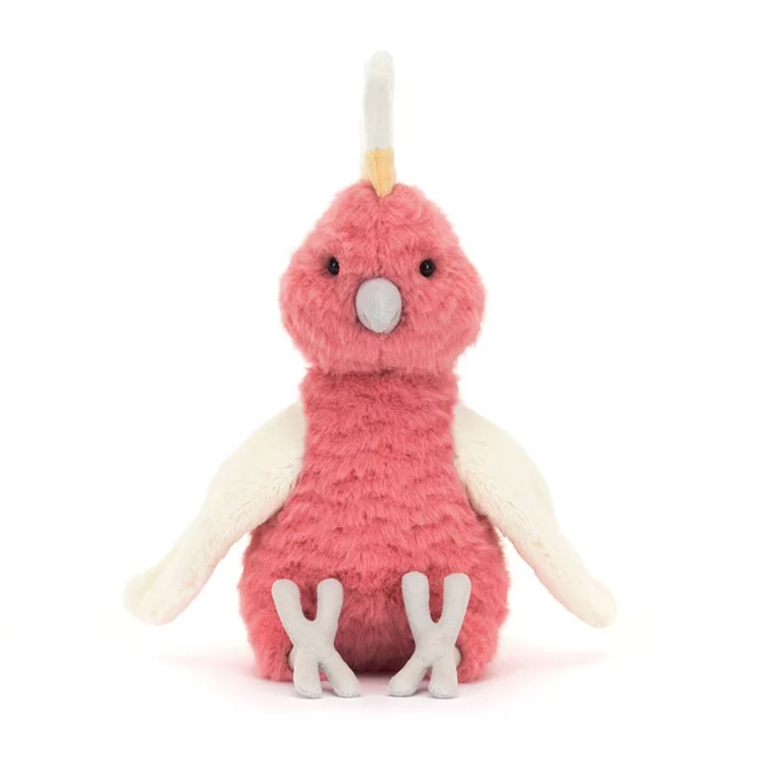 Alternative front view of the Jellycat Squawkatoo showcasing her sunny expression and fluffy texture.