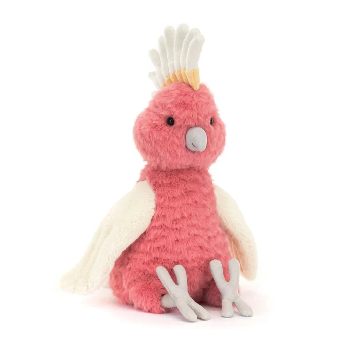 Front view of the Jellycat Squawkatoo showing her vibrant pink feathers, cream wings, and tropical crest.