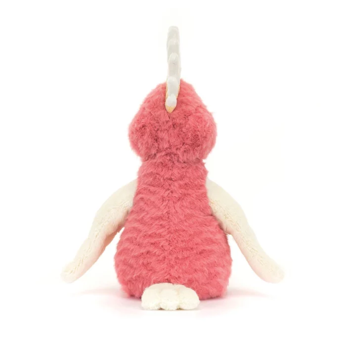 Rear view of the Jellycat Squawkatoo displaying her plush pink back, crest detail, and cream tail.
