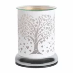 White Silhouette Heart Tree Aroma Electric Wax Melt Burner shown unlit, featuring a delicate heart tree pattern in a matte white finish.