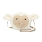 Alternative front view of Jellycat Little Lamb Bag capturing its gentle smile and plush lamb features.