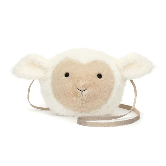 Alternative front view of Jellycat Little Lamb Bag capturing its gentle smile and plush lamb features.