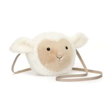 Front view of Jellycat Little Lamb Bag showing its soft cream fleece, biscuit face, and cute upright ears.