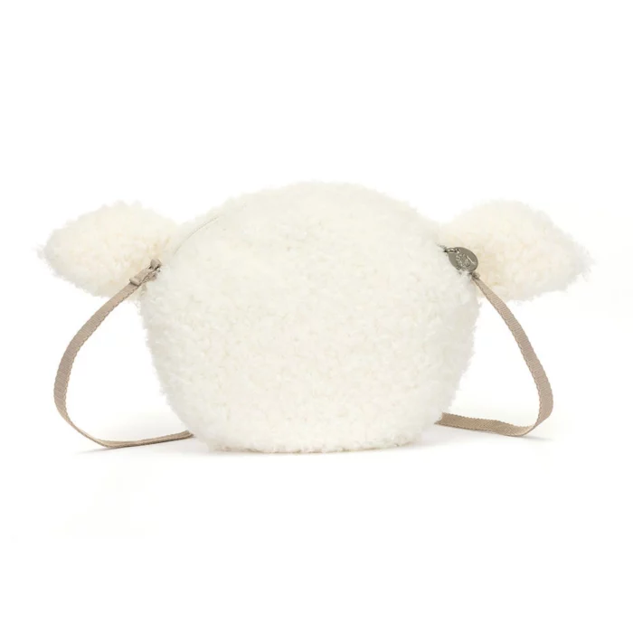 Rear view of Jellycat Little Lamb Bag showing the full cream fleece back with both ears visible.