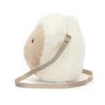 Side view of Jellycat Little Lamb Bag highlighting its fluffy fleece texture and beige strap detail.