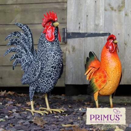 Black Cockerel Metal Garden Ornament displayed beside an orange hen in a rustic garden setting.