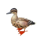 Front view of the Brown Duck Metal Garden Ornament showing intricate feather textures and vivid orange webbed feet.