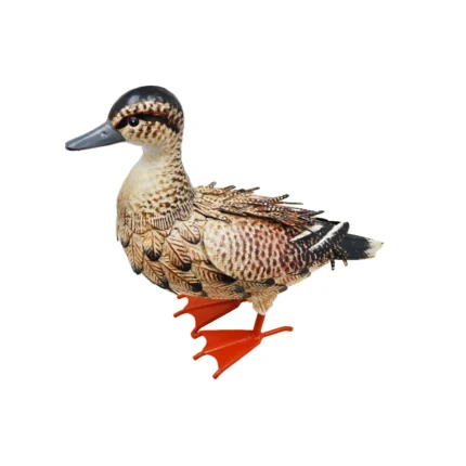 Front view of the Brown Duck Metal Garden Ornament showing intricate feather textures and vivid orange webbed feet.